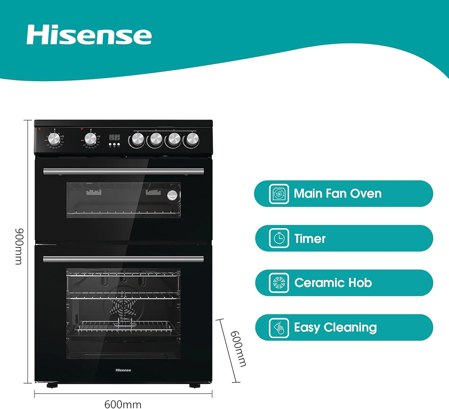 HDE3211BBUK 60Cm Electric Cooker with Ceramic Hob-Black , a Rated Double Oven