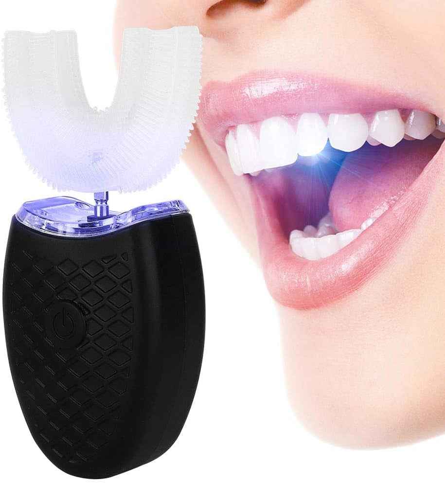 U-Shaped Adult Toothbrush,T Electric Sonic Toothbrush Automatic Cleaning Toothbrush Oral Care Tool with Food Grade Silicone Brush Head(Black)