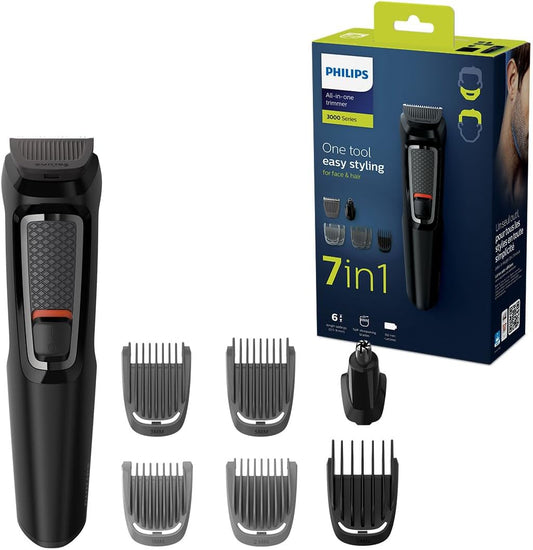 7-In-1 All-In-One Trimmer, Series 3000 Grooming Kit for Beard & Hair with 7 Attachments, Including Nose Trimmer, Self-Sharpening Blades, UK 3-Pin Plug-Mg3720/33