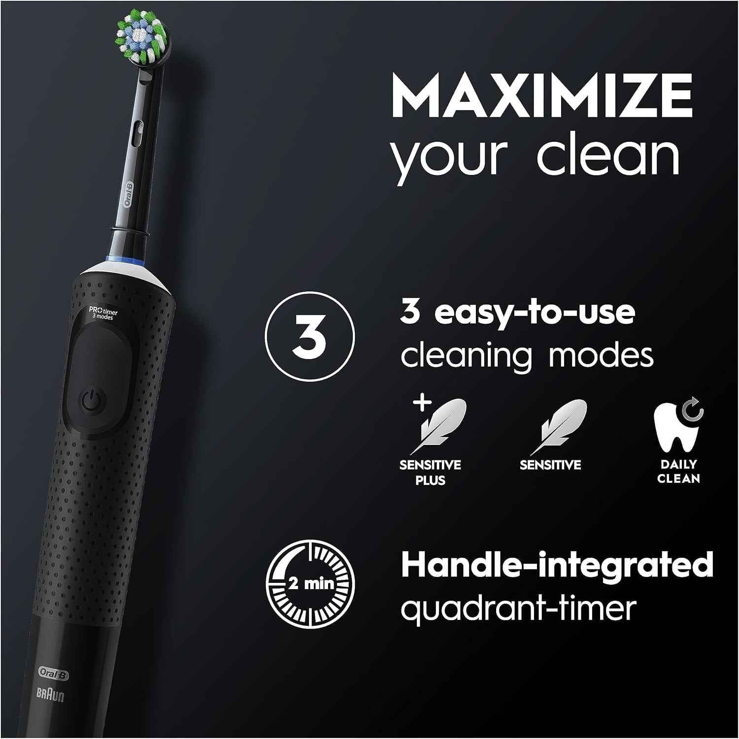 Vitality Pro Electric Toothbrushes for Adults, for Him/Her, 1 Handle, 2 Toothbrush Heads, 3 Brushing Modes Including Sensitive Plus, 2 Pin UK Plug, Black (Packing May Vary)