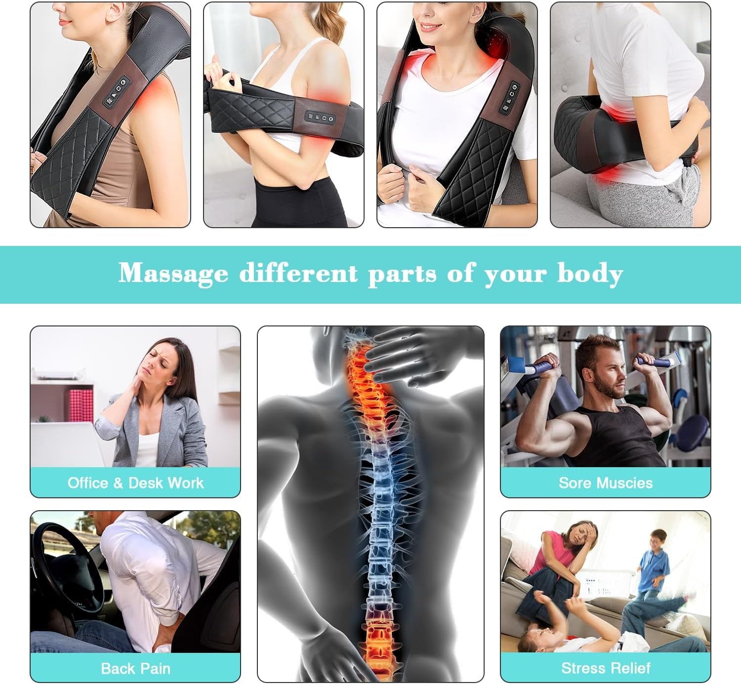 Shiatsu Back, Shoulder, and Neck Massager with Heat - Electric Deep Tissue 4D Kneading Massager for Pain Relief - Ideal Gift for Men, Women, Parents - Suitable for Home, Office, and Car Use by Sertex