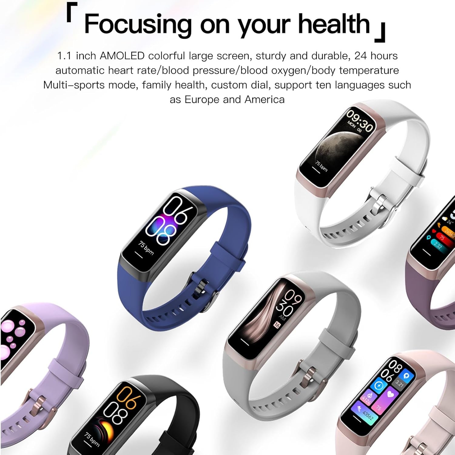 Health and Fitness Tracker for Men and Women, AMOLED Display, Compatible with Android and iOS, Features Alarm, Stopwatch, Blood Pressure Monitor, Calorie Tracking, and IP68 Waterproof Rating