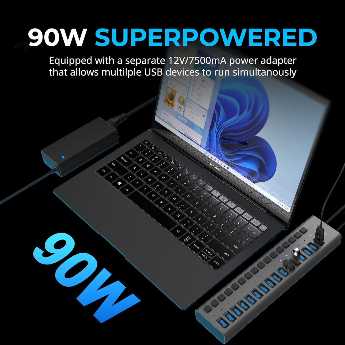 16-Port USB 3.2 Powered Docking Station with Individual Switches and LEDs, 90W Multi-Device Fast Data Transfer and Charging Hub, Includes Mounting Bracket (HB-PU16)