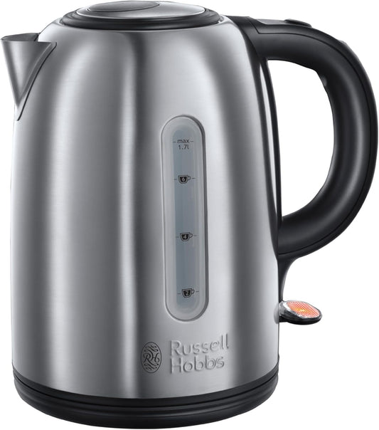 Brushed Stainless Steel & Black Electric 1.7L Cordless Kettle (Fast Boil 3KW, Removable Washable Anti-Scale Filter, Push to Open Lid, Perfect Pour Spout) 20441