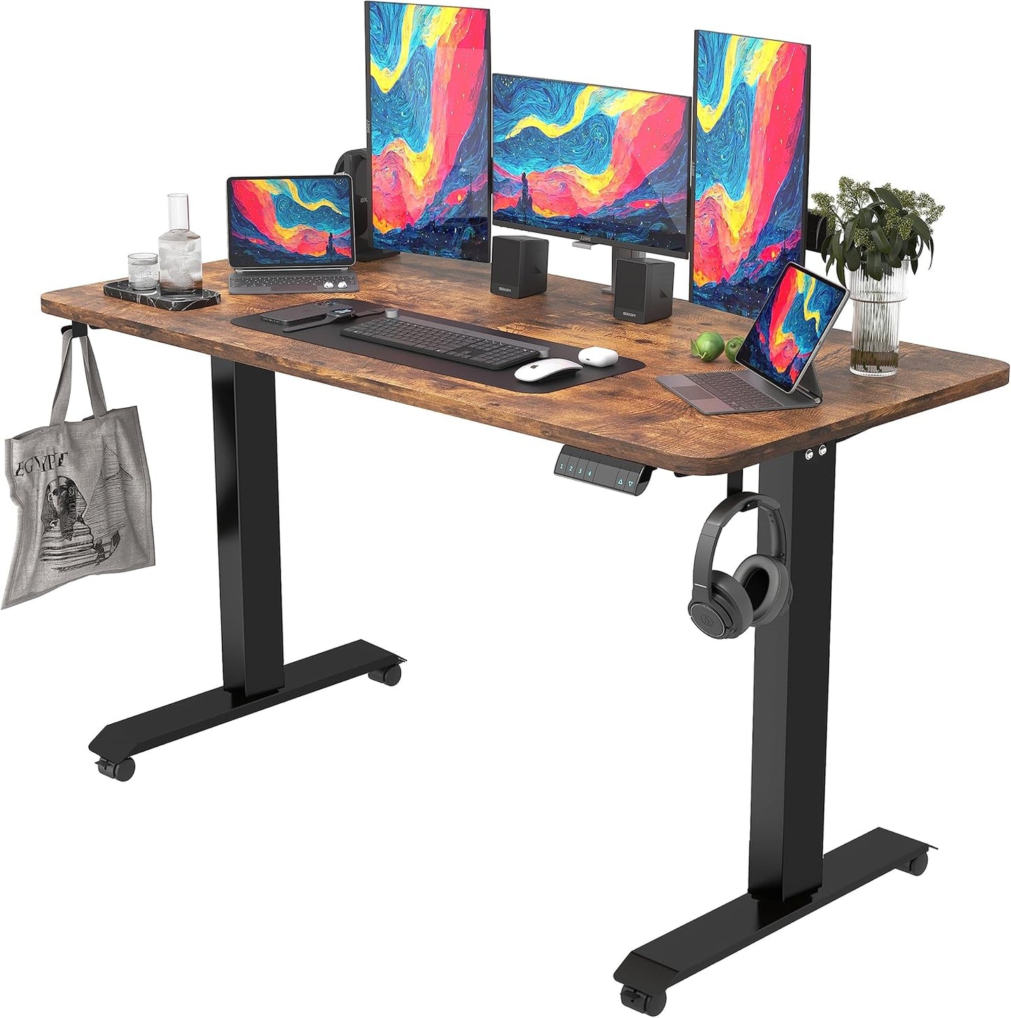 55" Electric Standing Desk,Height Adjustable Home Office Sit Stand up Computer PC Table,Tall Standup Workstation, Gaming Writing Study Bedroom Rising Desks,Brown