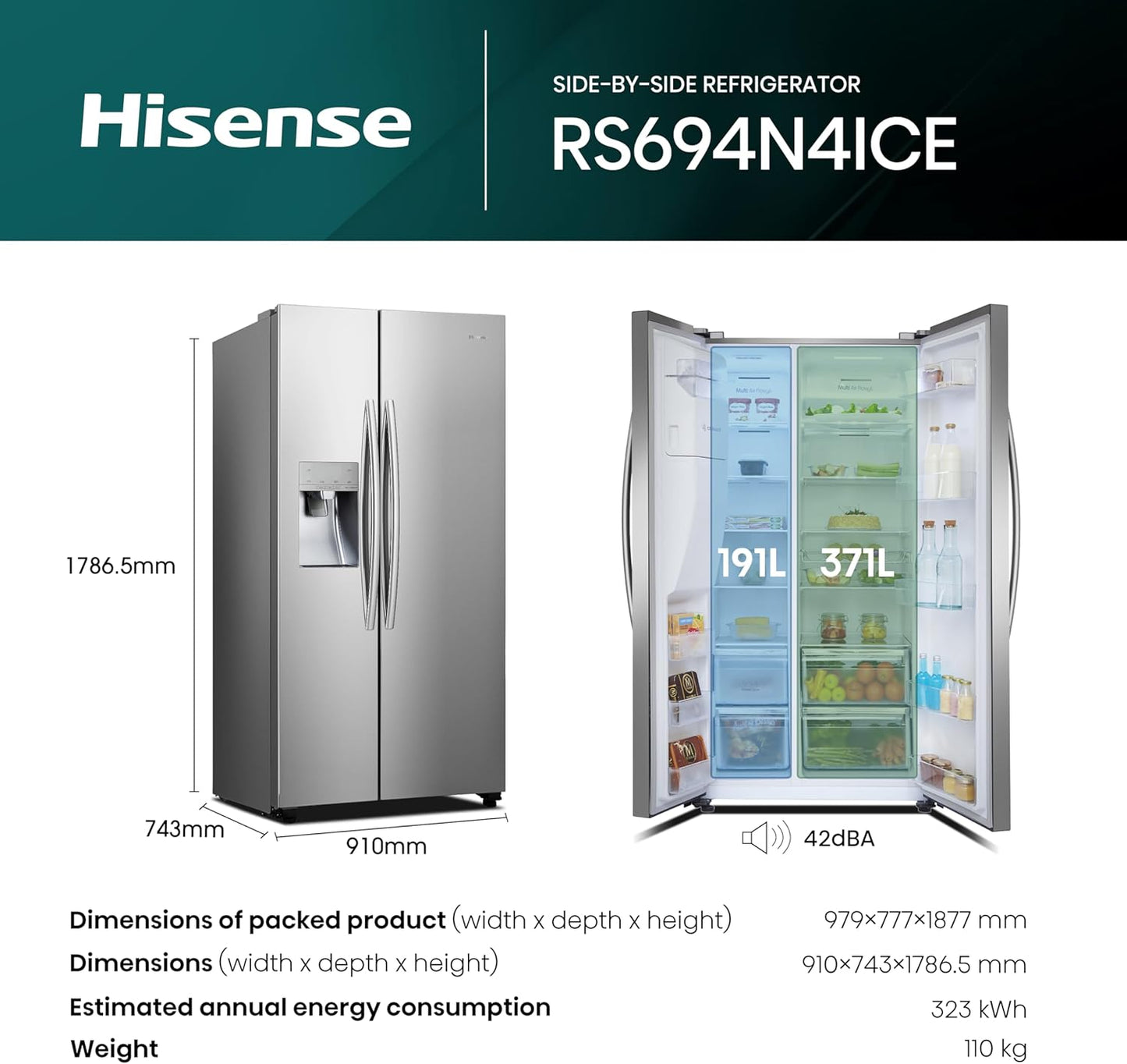 RS694N4ICF Freestanding American Side-By-Side Fridge Freezer - Total No Frost - Plumbed Water and Ice Dispenser - 562 Liters - Stainless Steel - F Rated