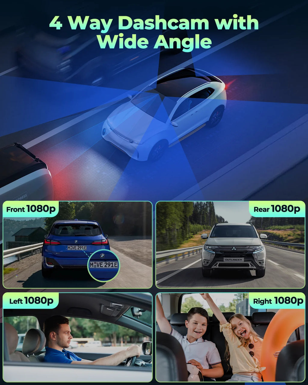 4 Channel Dash Cam Front and Rear inside with Hardwire Kit for 24H Security Parking Monitor, 1080P FHD 360 Degree View Dash Camera, IR Night Vision Dashcam, G-Sensor, Free 128GB Card