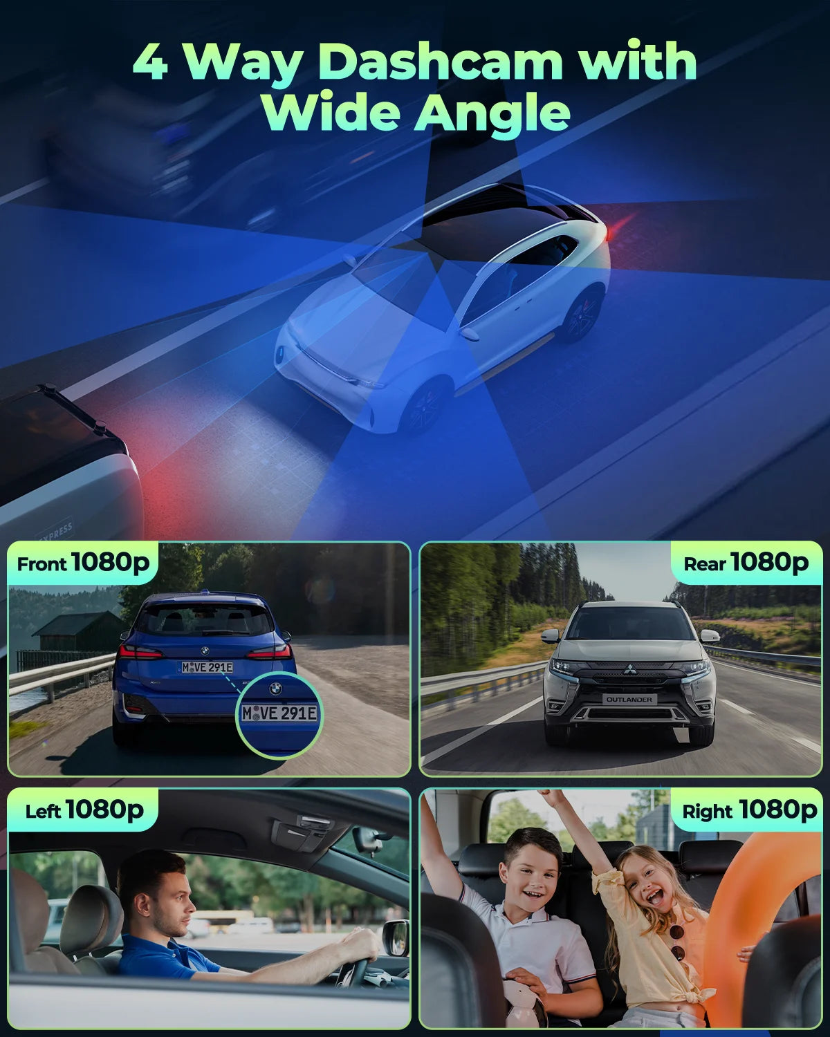 4 Channel Dash Cam Front and Rear inside with Hardwire Kit for 24H Security Parking Monitor, 1080P FHD 360 Degree View Dash Camera, IR Night Vision Dashcam, G-Sensor, Free 128GB Card