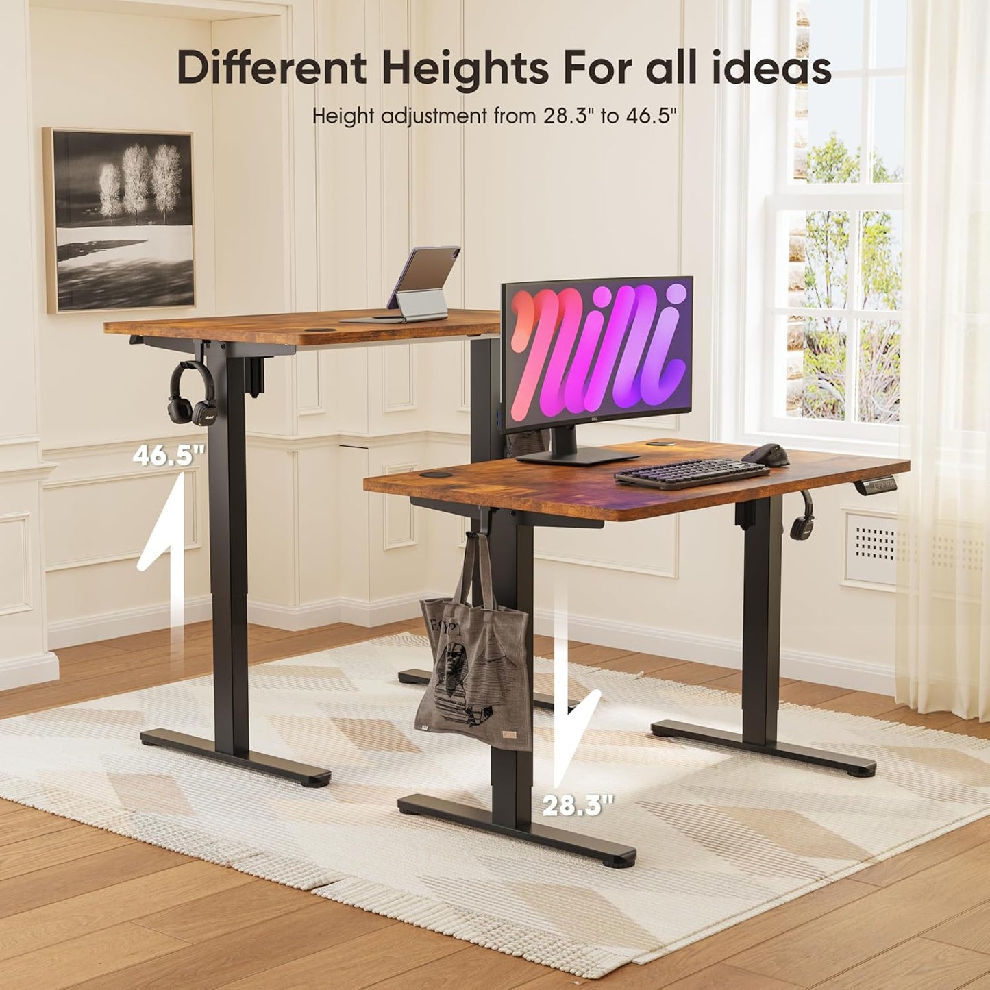 55" Electric Standing Desk,Height Adjustable Home Office Sit Stand up Computer PC Table,Tall Standup Workstation, Gaming Writing Study Bedroom Rising Desks,Brown