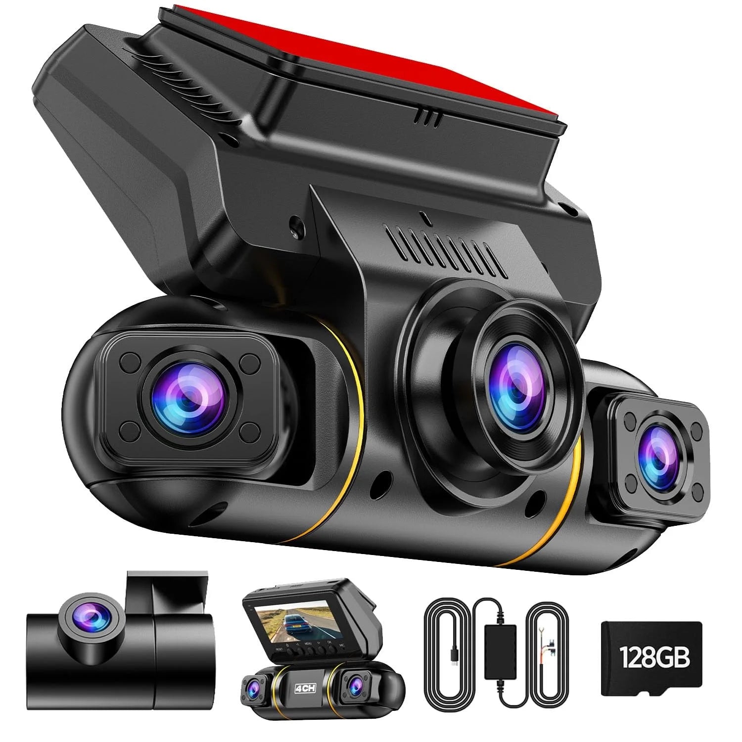 4 Channel Dash Cam Front and Rear inside with Hardwire Kit for 24H Security Parking Monitor, 1080P FHD 360 Degree View Dash Camera, IR Night Vision Dashcam, G-Sensor, Free 128GB Card