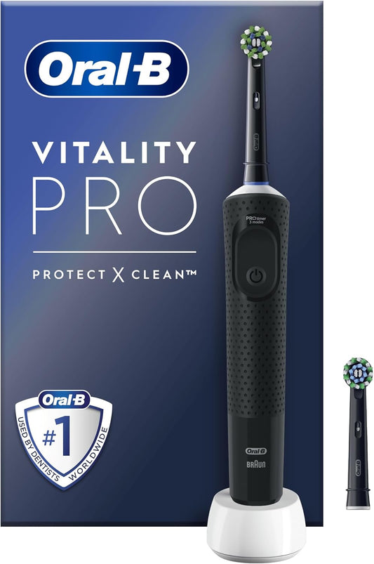 Vitality Pro Electric Toothbrushes for Adults, for Him/Her, 1 Handle, 2 Toothbrush Heads, 3 Brushing Modes Including Sensitive Plus, 2 Pin UK Plug, Black (Packing May Vary)