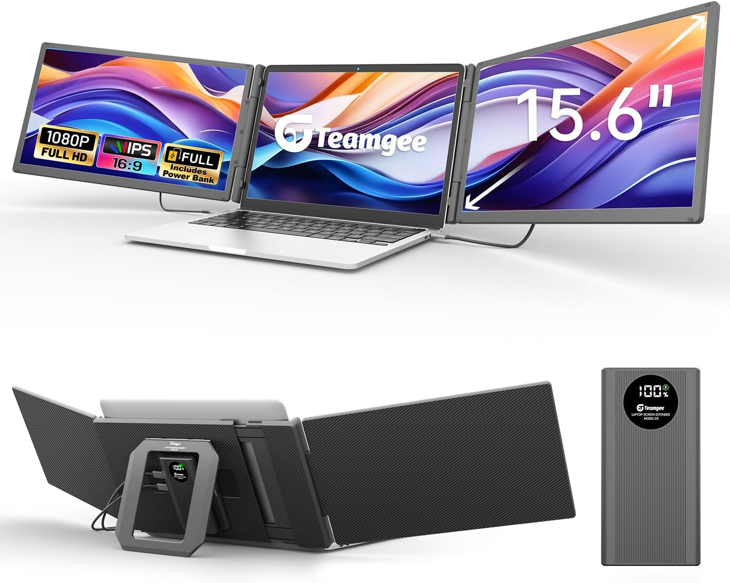 Laptop Screen Extender with 10000Mah Power Bank, 15.6" 1080P FHD IPS Portable Monitor for Laptop, Triple Display Work with 13.3" -17" PC Mac Windows Chrome