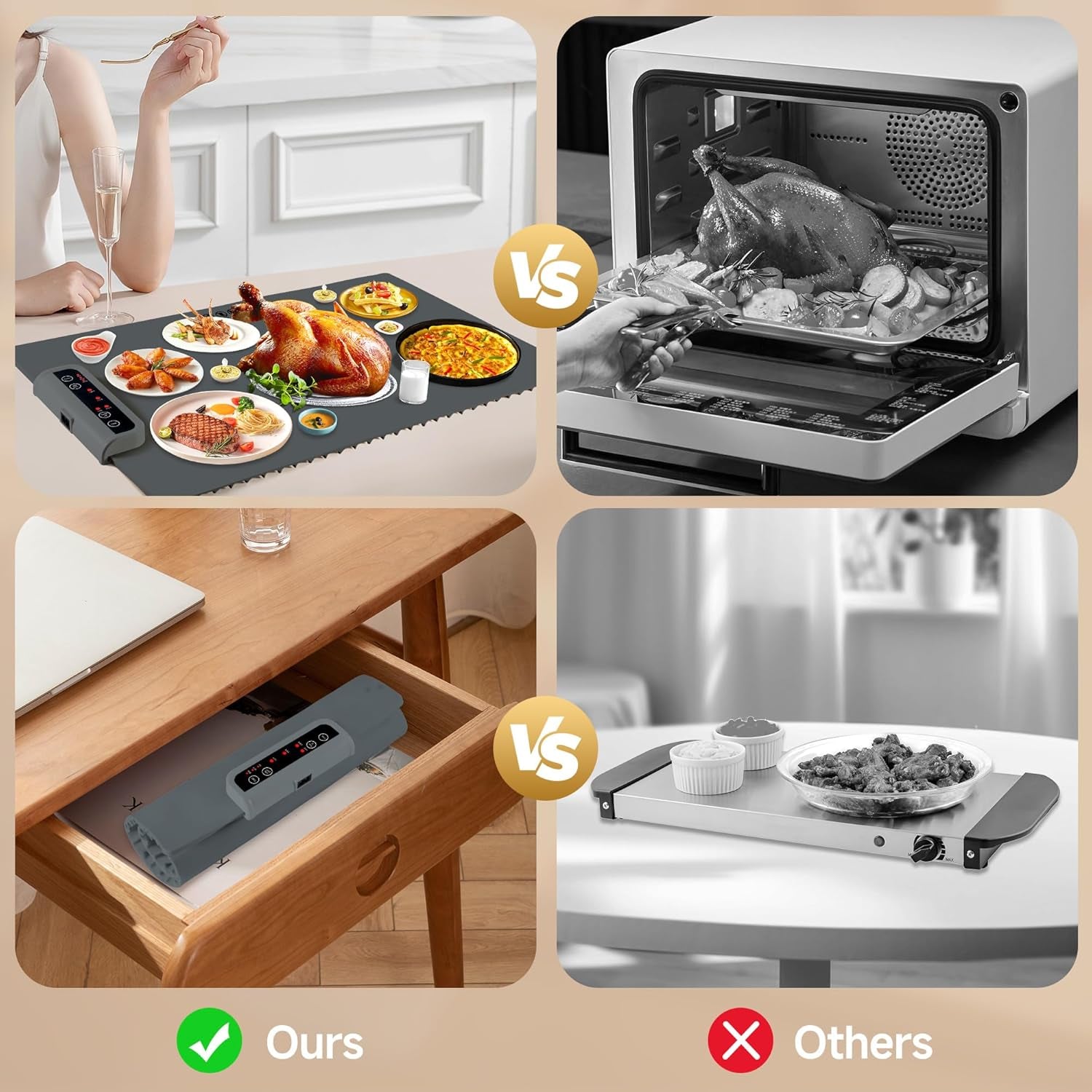 Food Warming Mat-Foldable Electric Warming Mat for Food Sillicon Food Warmer with Adjustable Temperature Control Time Moders Locking Function Warming Tray for Buffet,Party Dark Grey