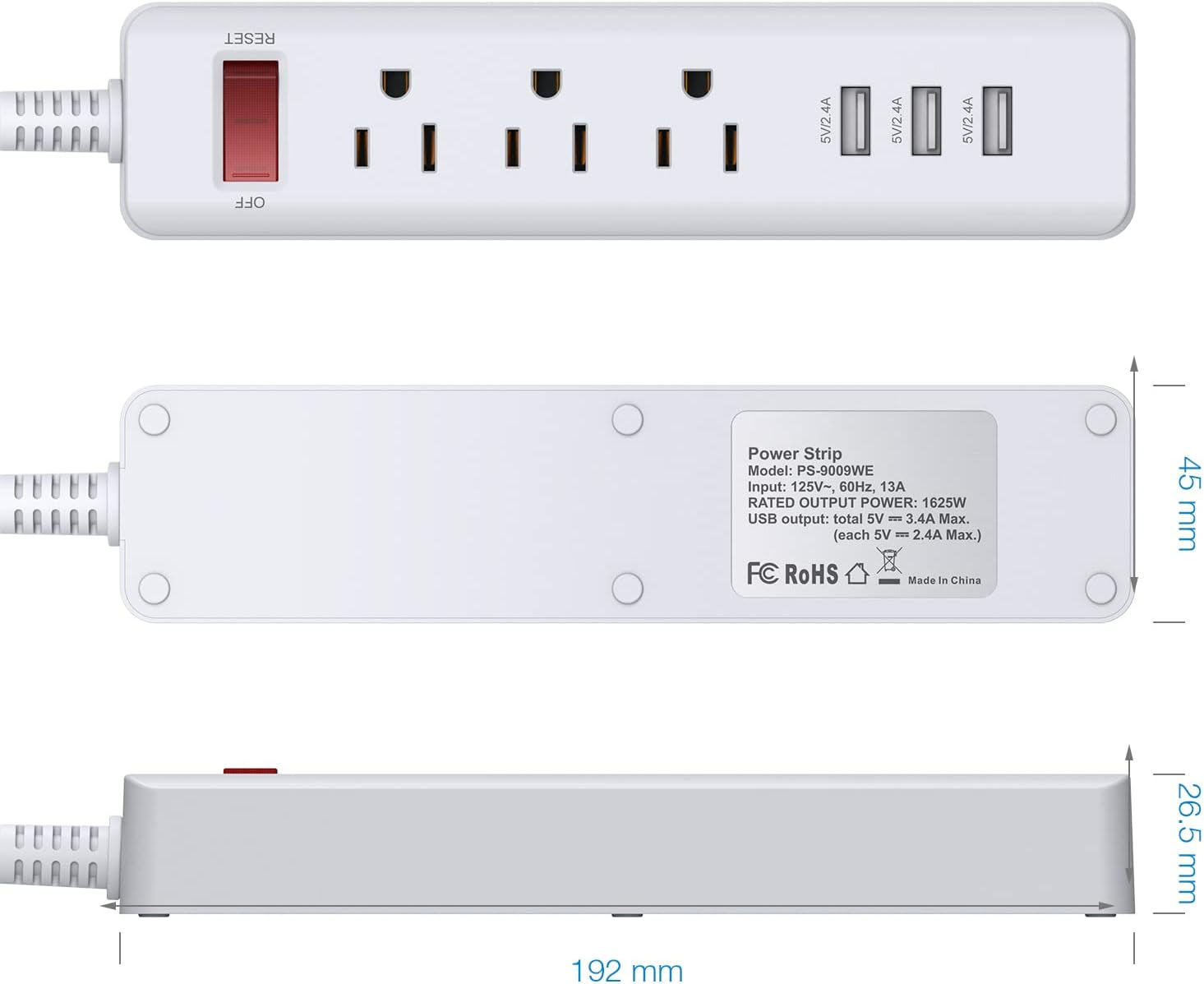 Power Strip 3 Outlets with 3 Fast Charging USB Ports, 5Ft Extension Cord with USB Ports (5V/2.4AX3) for Indoor,1625W/13A (1 PCS)