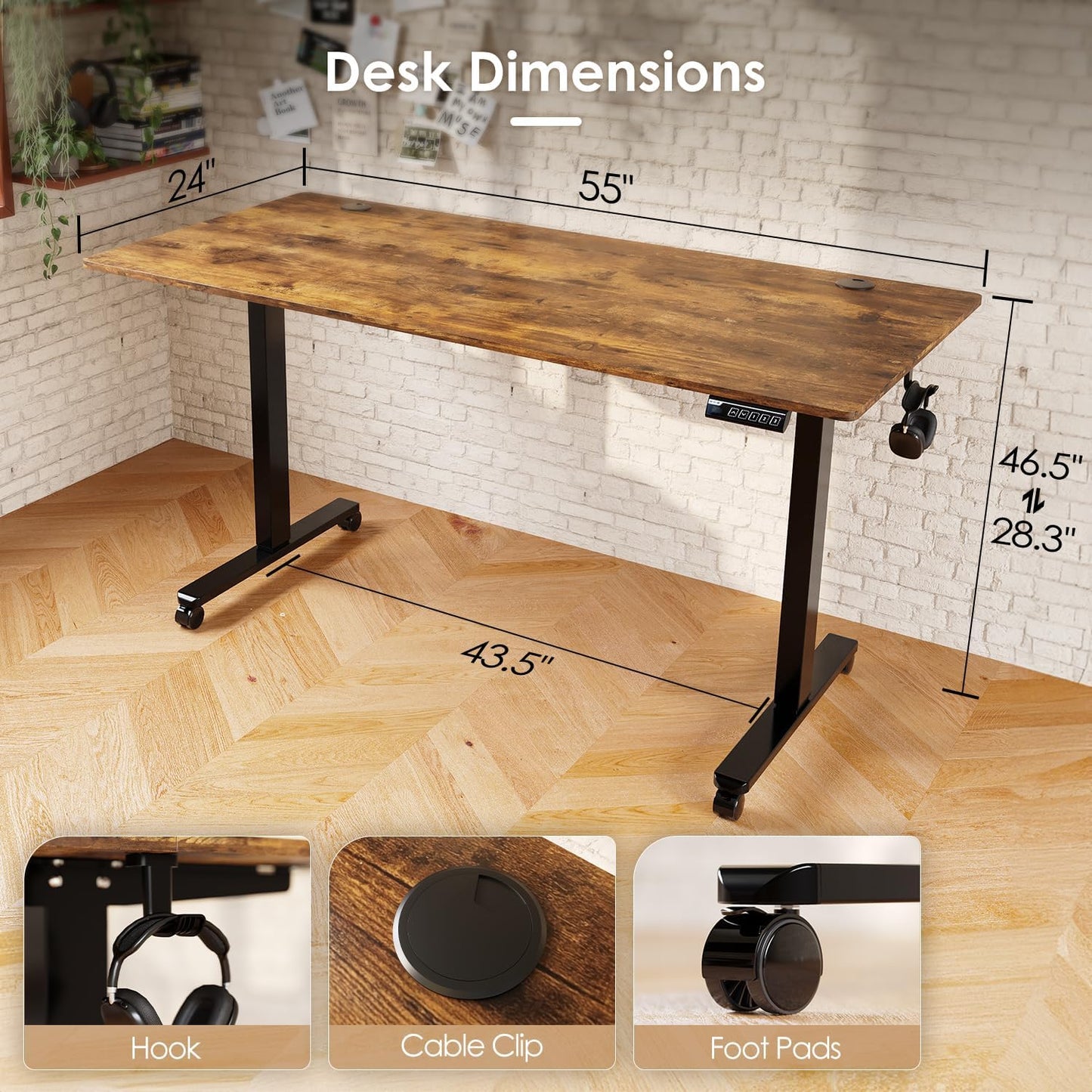 55" Electric Standing Desk,Height Adjustable Home Office Sit Stand up Computer PC Table,Tall Standup Workstation, Gaming Writing Study Bedroom Rising Desks,Brown