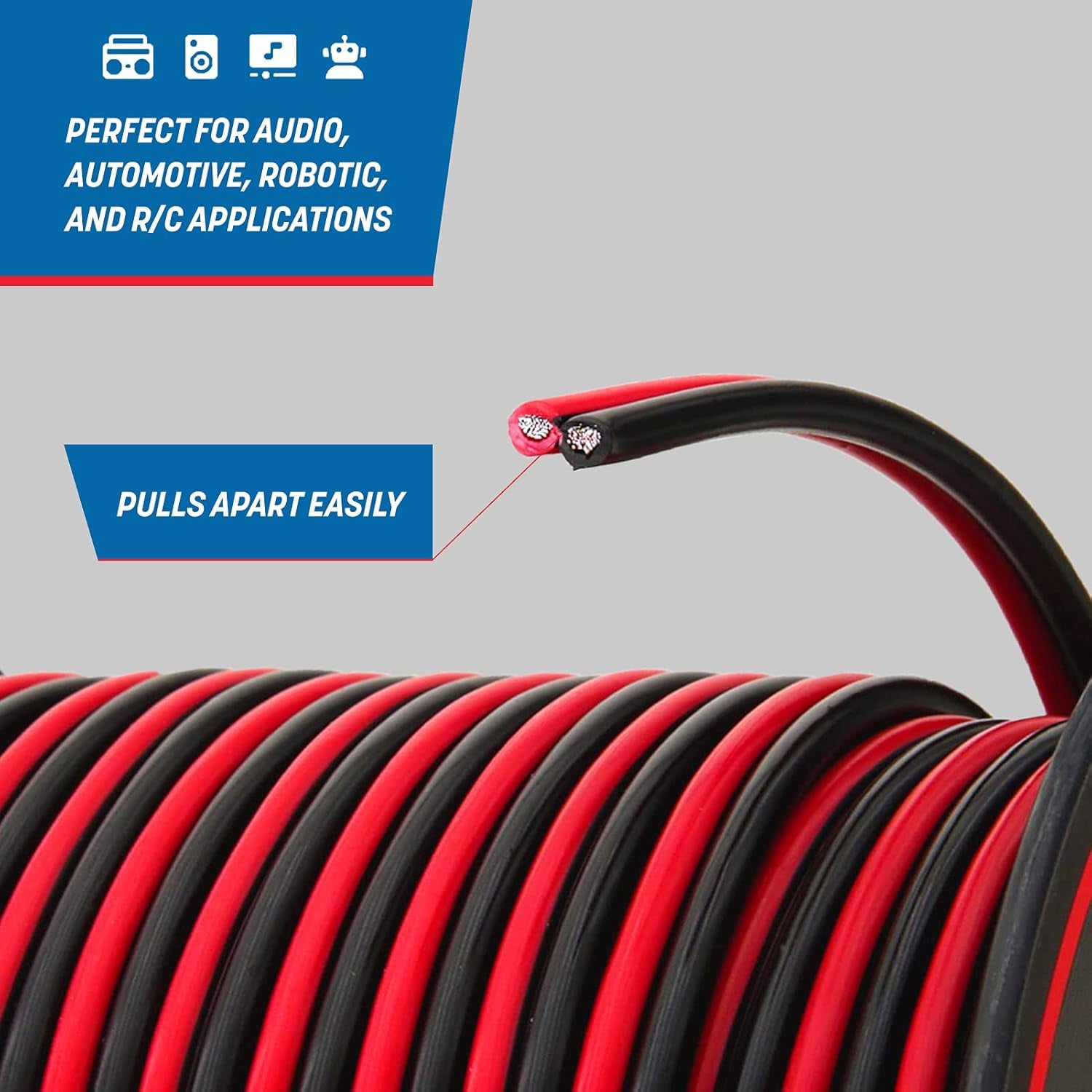 16 AWG Stranded Pure Copper Electrical Wire - 100 Feet, Ideal for Speaker, Automotive, Trailer, Stereo, and Home Theater Applications - Red/Black