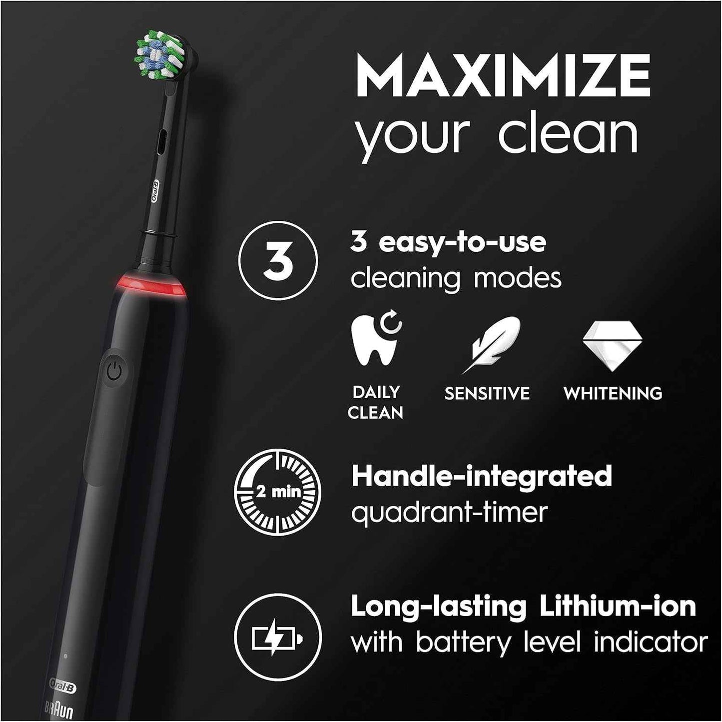 Pro 3 Electric Toothbrushes Adults, 1 Toothbrush Head & Travel Case, 3 Modes with Teeth Whitening, 2 Pin UK Plug, Black