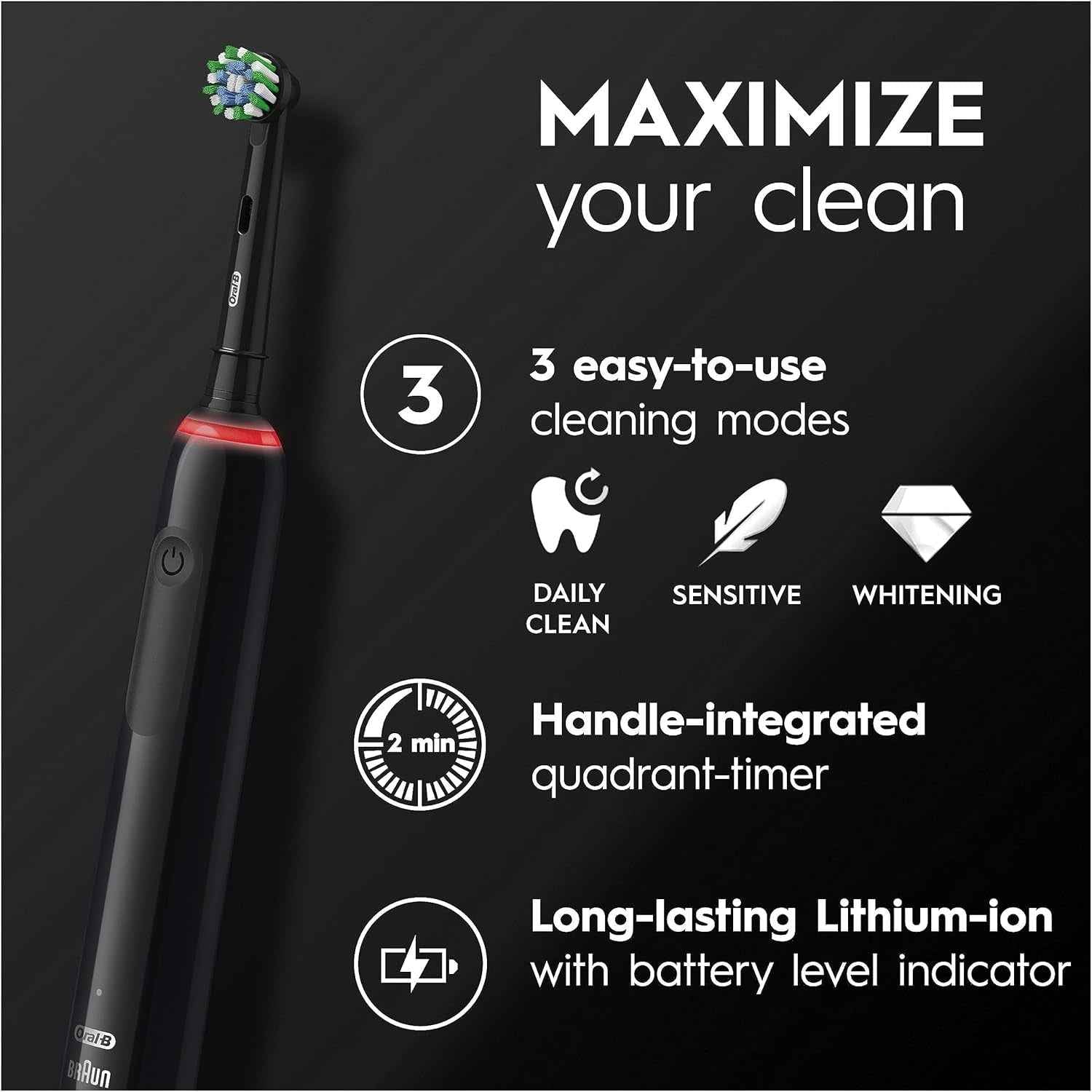 Pro 3 Electric Toothbrushes Adults, 1 Toothbrush Head & Travel Case, 3 Modes with Teeth Whitening, 2 Pin UK Plug, Black