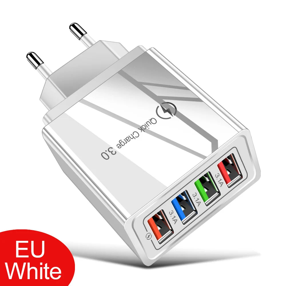 3A USB Charger 4 Port USB Quick Charge 3.0 EU US Plug Mobile Phone Charger Wall Adapter Portable Fast Charging For iPhone 16 Pro by Sertex