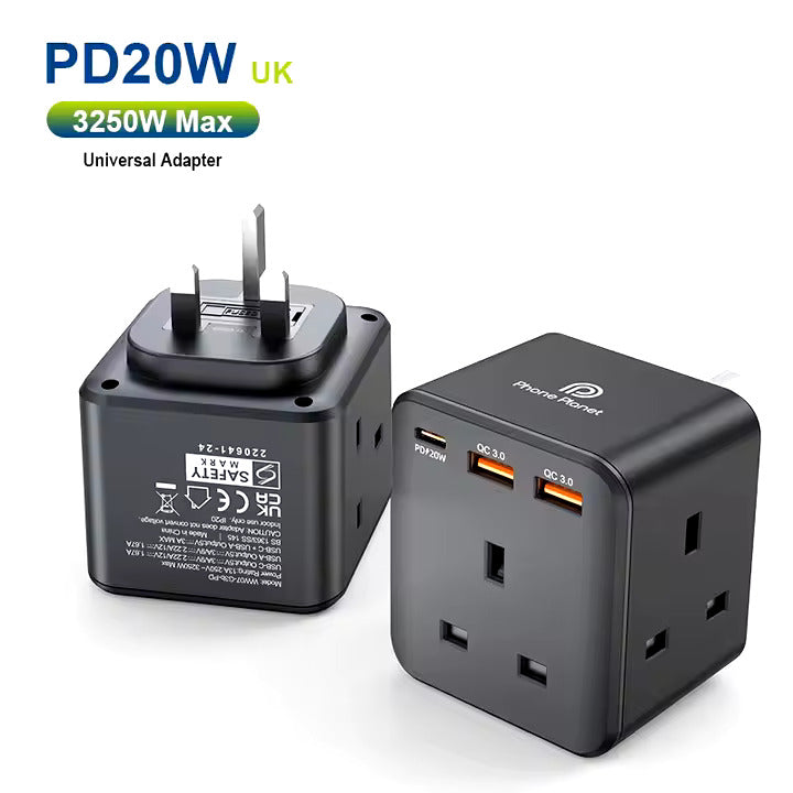 Phone Planet PD20W Universal Adaptor with USB-C and USB-A sockets | UK plug AIOX ONLINE