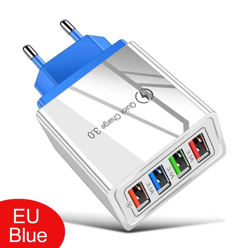 3A USB Charger 4 Port USB Quick Charge 3.0 EU US Plug Mobile Phone Charger Wall Adapter Portable Fast Charging For iPhone 16 Pro by Sertex