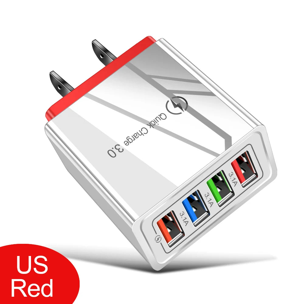 3A USB Charger 4 Port USB Quick Charge 3.0 EU US Plug Mobile Phone Charger Wall Adapter Portable Fast Charging For iPhone 16 Pro by Sertex