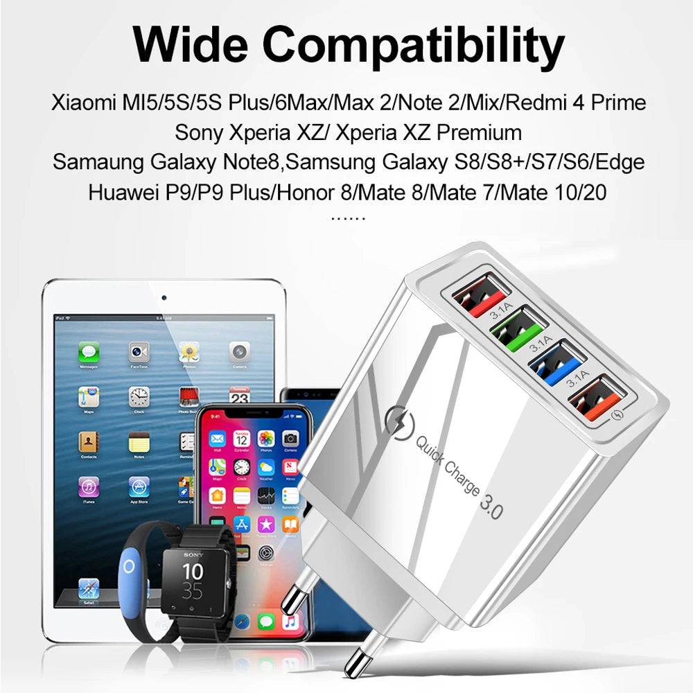 3A USB Charger 4 Port USB Quick Charge 3.0 EU US Plug Mobile Phone Charger Wall Adapter Portable Fast Charging For iPhone 16 Pro by Sertex