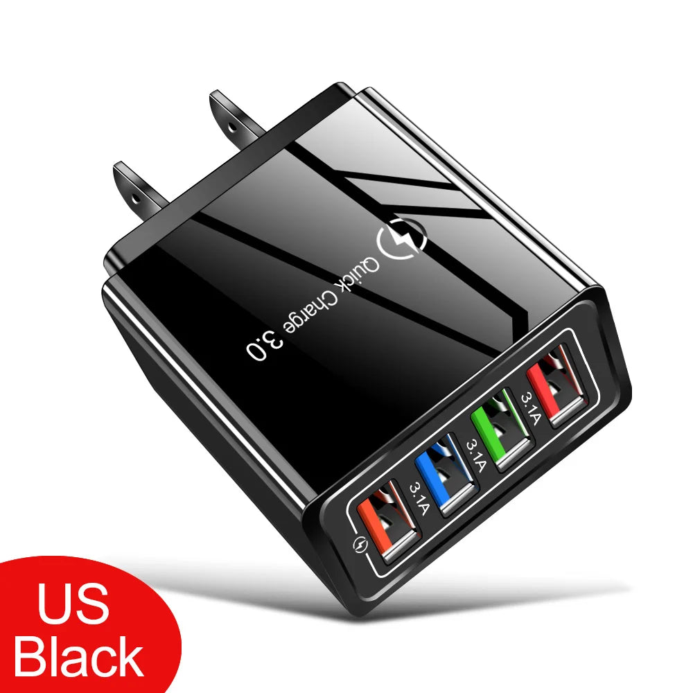 3A USB Charger 4 Port USB Quick Charge 3.0 EU US Plug Mobile Phone Charger Wall Adapter Portable Fast Charging For iPhone 16 Pro by Sertex