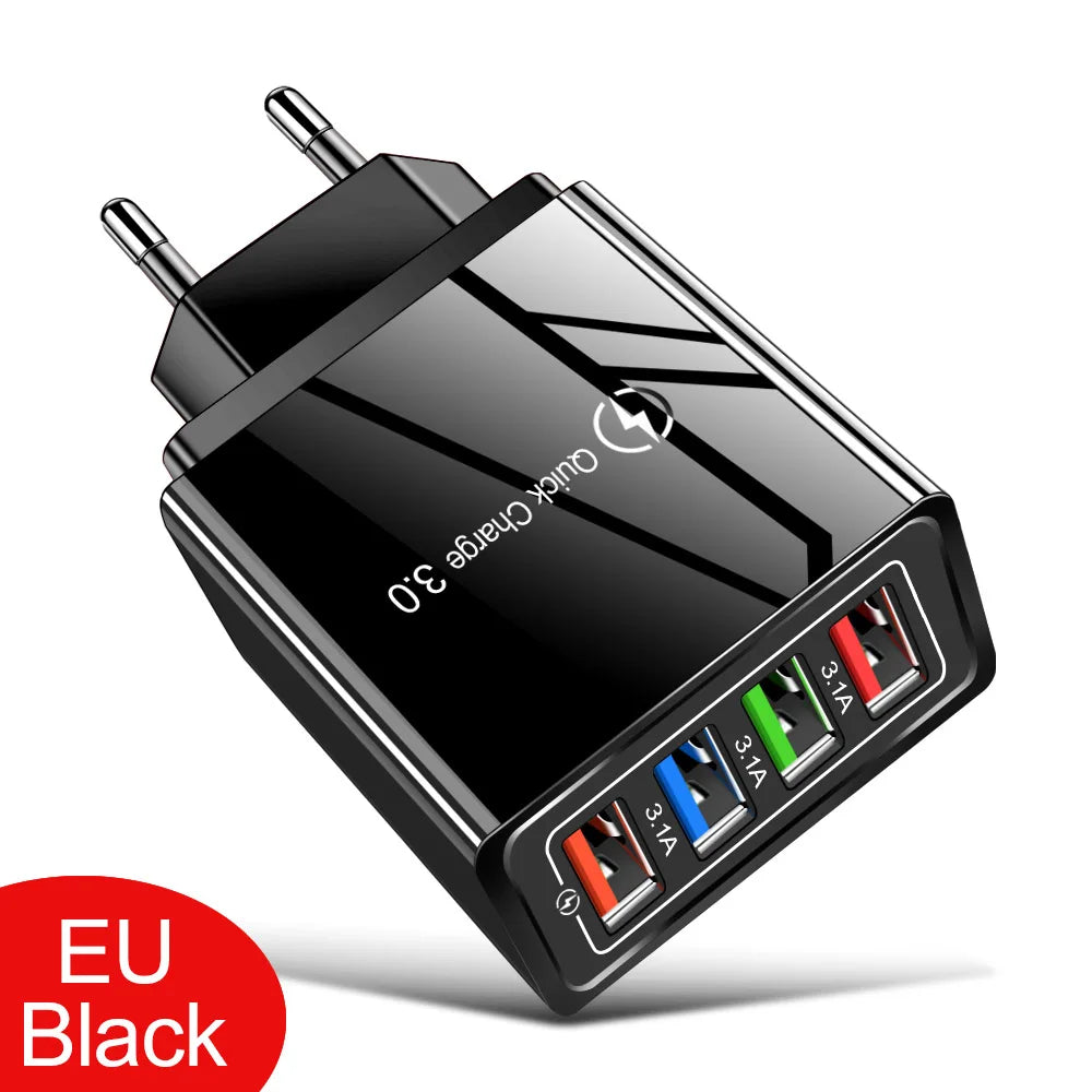 3A USB Charger 4 Port USB Quick Charge 3.0 EU US Plug Mobile Phone Charger Wall Adapter Portable Fast Charging For iPhone 16 Pro by Sertex