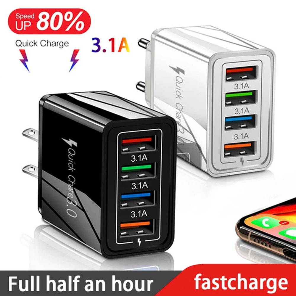 3A USB Charger 4 Port USB Quick Charge 3.0 EU US Plug Mobile Phone Charger Wall Adapter Portable Fast Charging For iPhone 16 Pro by Sertex