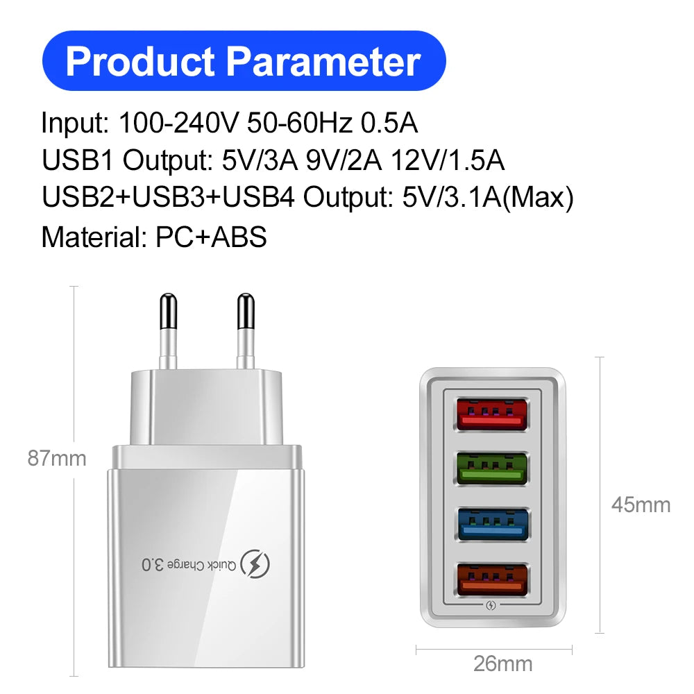 3A USB Charger 4 Port USB Quick Charge 3.0 EU US Plug Mobile Phone Charger Wall Adapter Portable Fast Charging For iPhone 16 Pro by Sertex