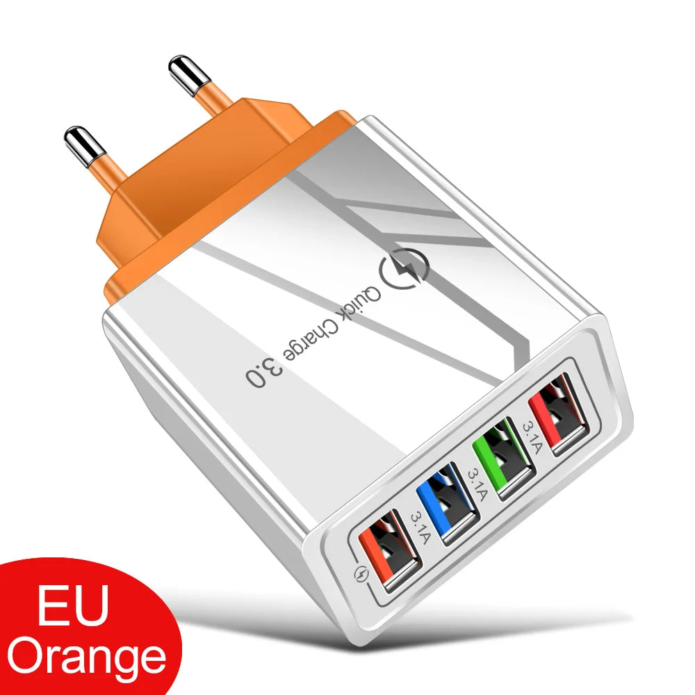 3A USB Charger 4 Port USB Quick Charge 3.0 EU US Plug Mobile Phone Charger Wall Adapter Portable Fast Charging For iPhone 16 Pro by Sertex