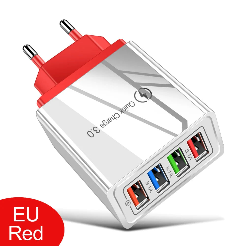 3A USB Charger 4 Port USB Quick Charge 3.0 EU US Plug Mobile Phone Charger Wall Adapter Portable Fast Charging For iPhone 16 Pro by Sertex