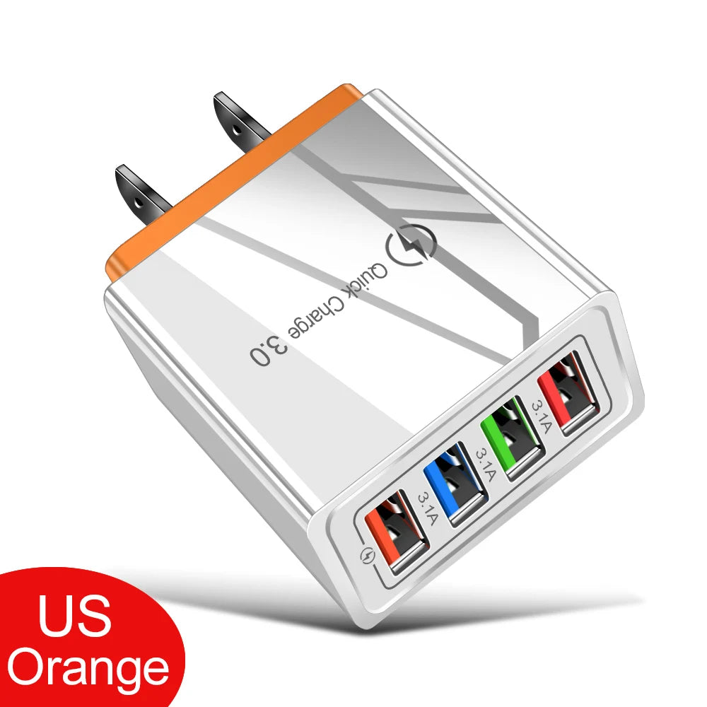 3A USB Charger 4 Port USB Quick Charge 3.0 EU US Plug Mobile Phone Charger Wall Adapter Portable Fast Charging For iPhone 16 Pro by Sertex