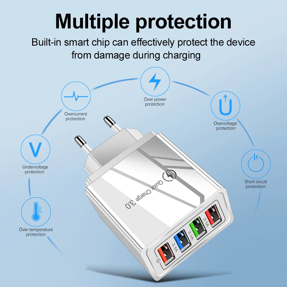 3A USB Charger 4 Port USB Quick Charge 3.0 EU US Plug Mobile Phone Charger Wall Adapter Portable Fast Charging For iPhone 16 Pro by Sertex
