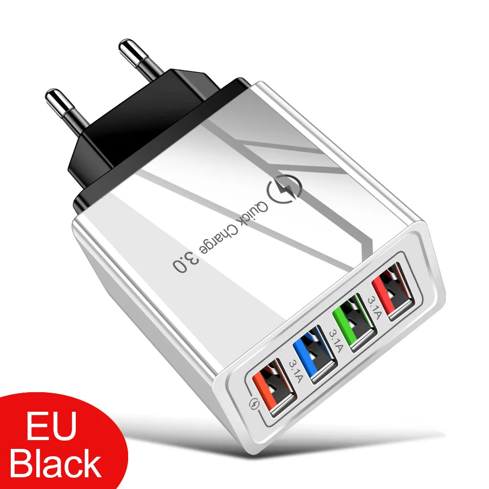 3A USB Charger 4 Port USB Quick Charge 3.0 EU US Plug Mobile Phone Charger Wall Adapter Portable Fast Charging For iPhone 16 Pro by Sertex