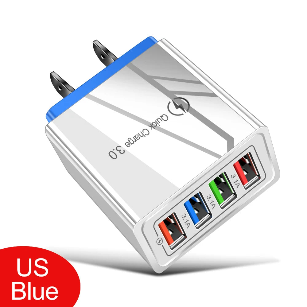 3A USB Charger 4 Port USB Quick Charge 3.0 EU US Plug Mobile Phone Charger Wall Adapter Portable Fast Charging For iPhone 16 Pro by Sertex