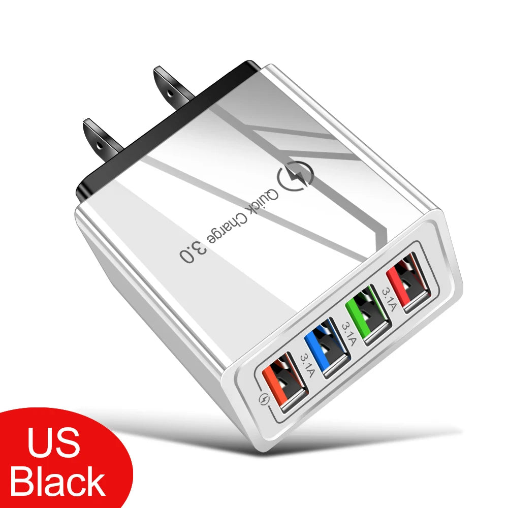 3A USB Charger 4 Port USB Quick Charge 3.0 EU US Plug Mobile Phone Charger Wall Adapter Portable Fast Charging For iPhone 16 Pro by Sertex