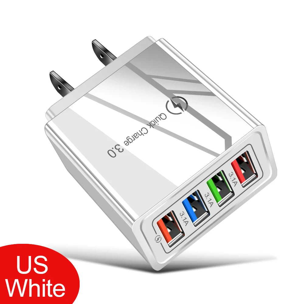 3A USB Charger 4 Port USB Quick Charge 3.0 EU US Plug Mobile Phone Charger Wall Adapter Portable Fast Charging For iPhone 16 Pro by Sertex