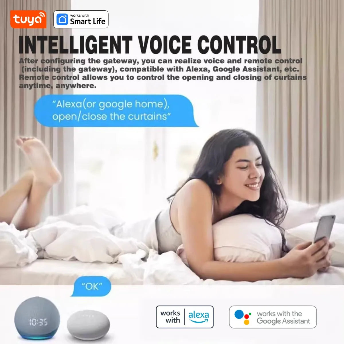 Tuya Smart Curtain Robot Motor 3-in-1 Tuya APP/Remote control Timed switch, Pull-to-start For Roman T U Tracks by Sertex