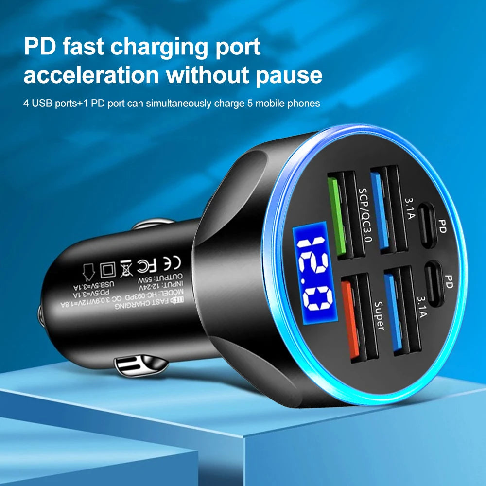 66-250W PD Car Charger QC3.0 Fast Charge One to Six Car Cigarette Lighter Plug Car Charger Flash Charge with Digital Display Sertex