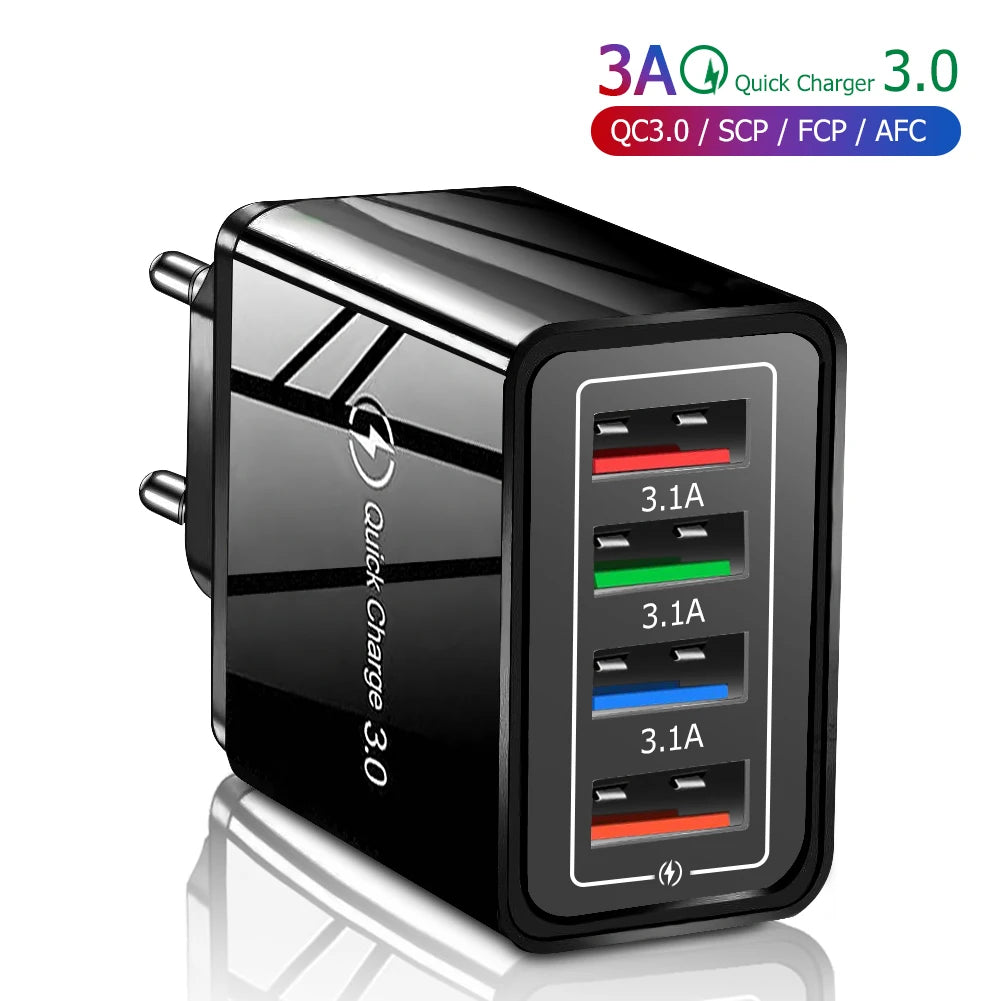 3A USB Charger 4 Port USB Quick Charge 3.0 EU US Plug Mobile Phone Charger Wall Adapter Portable Fast Charging For iPhone 16 Pro by Sertex