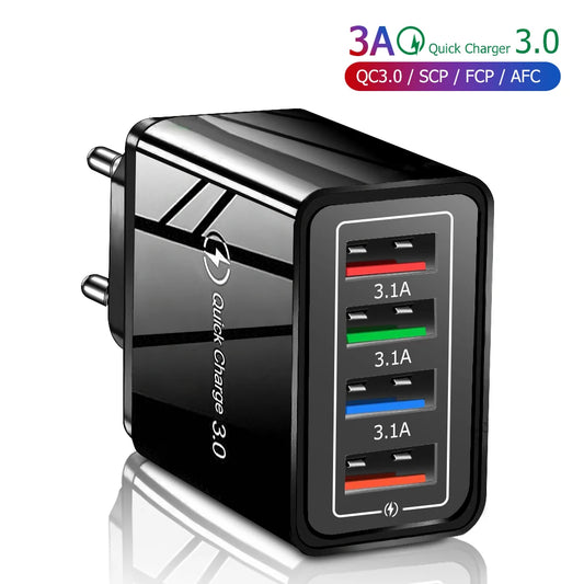 3A USB Charger 4 Port USB Quick Charge 3.0 EU US Plug Mobile Phone Charger Wall Adapter Portable Fast Charging For iPhone 16 Pro by Sertex