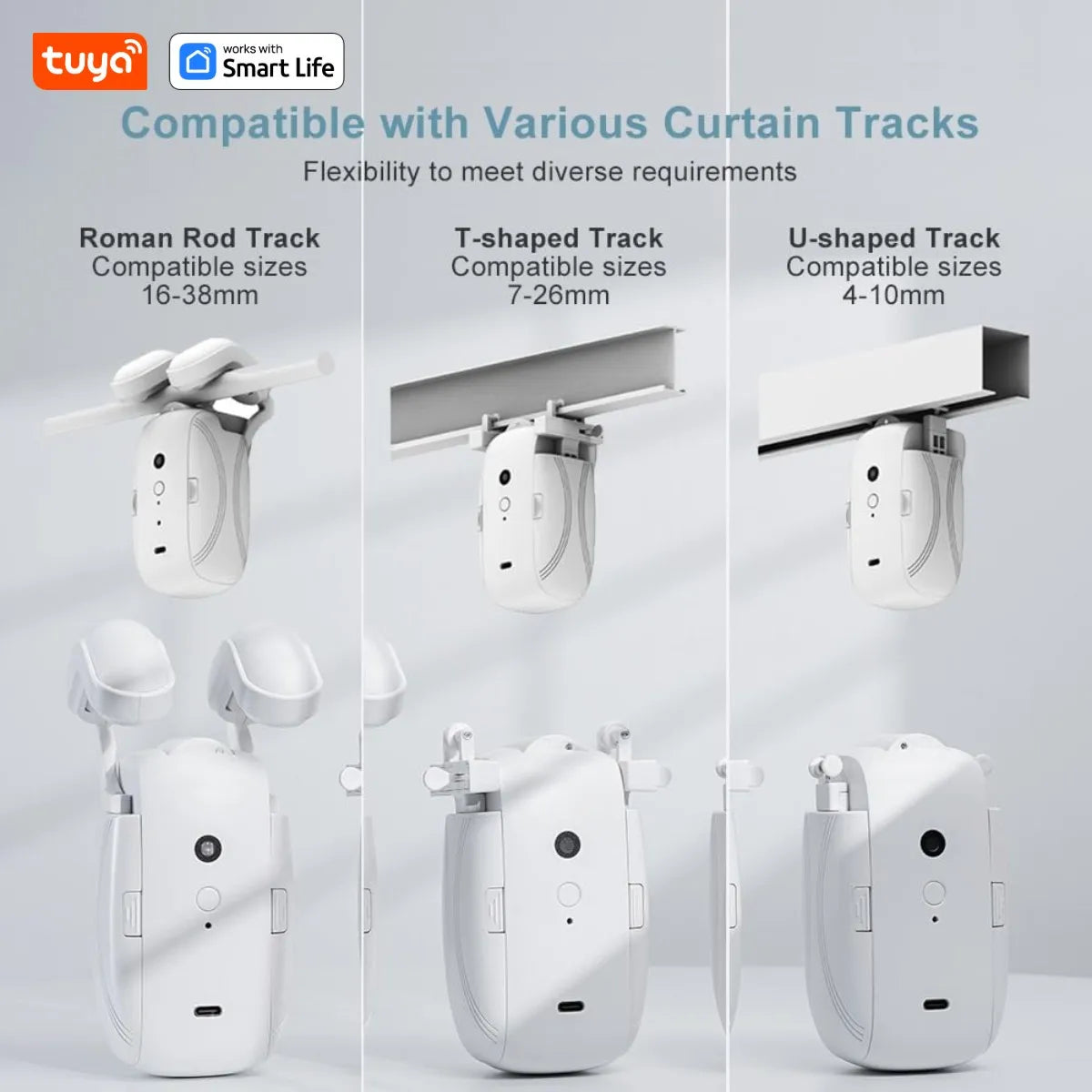 Tuya Smart Curtain Robot Motor 3-in-1 Tuya APP/Remote control Timed switch, Pull-to-start For Roman T U Tracks by Sertex