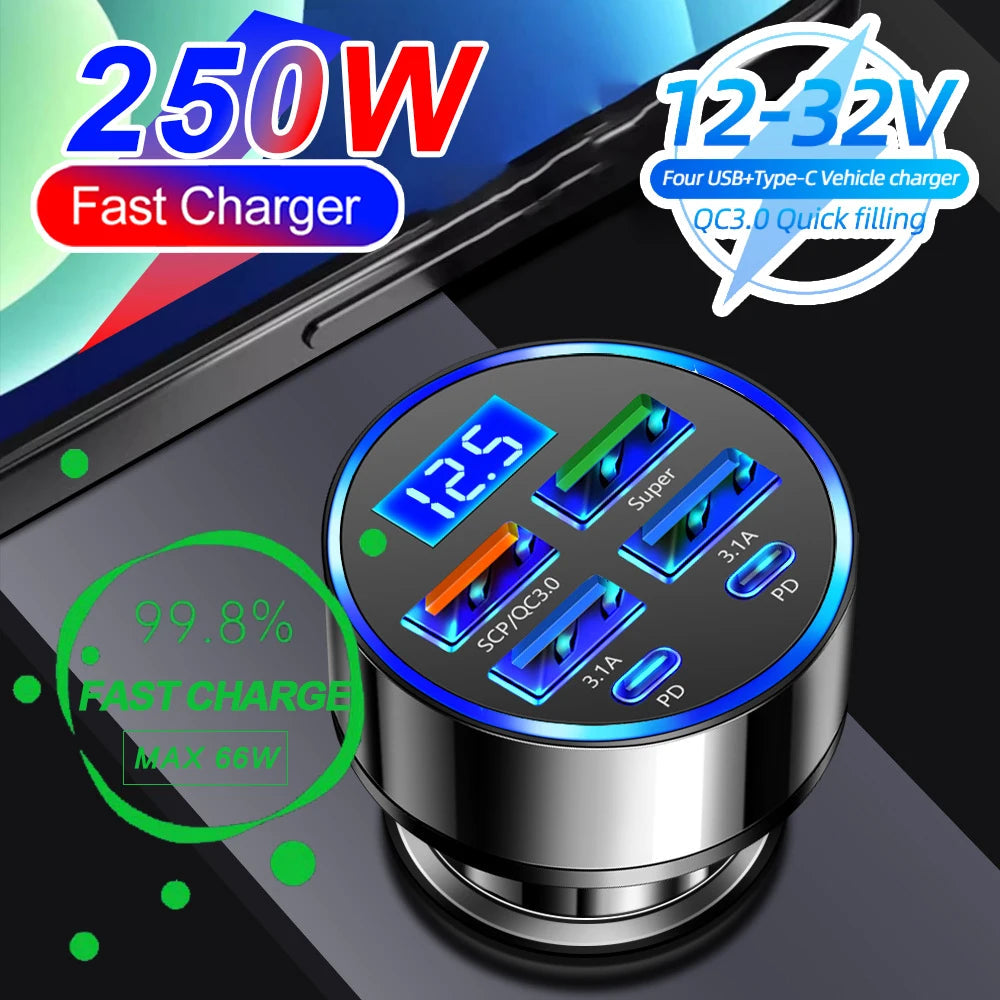 66-250W PD Car Charger QC3.0 Fast Charge One to Six Car Cigarette Lighter Plug Car Charger Flash Charge with Digital Display Sertex