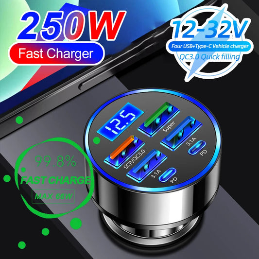 66-250W PD Car Charger QC3.0 Fast Charge One to Six Car Cigarette Lighter Plug Car Charger Flash Charge with Digital Display Sertex