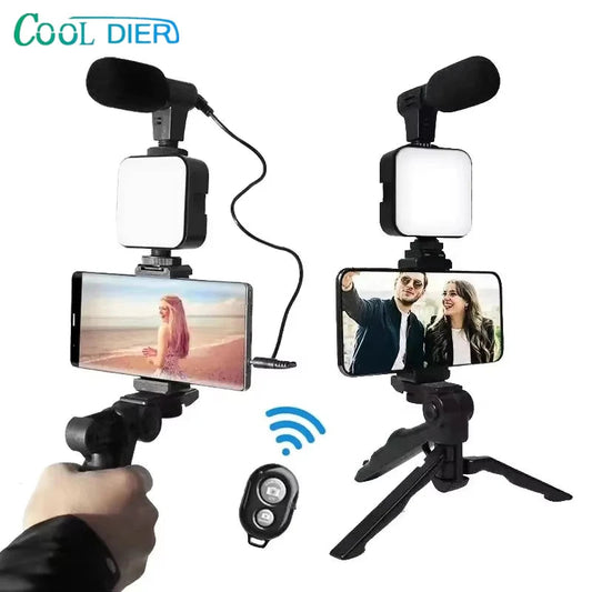 COOL DIER Smartphone Vlogging Kit With Tripod Phone Holder Mini Mic LED Fill Light Starter For TikTok Live Stream Video YouTube Sertex