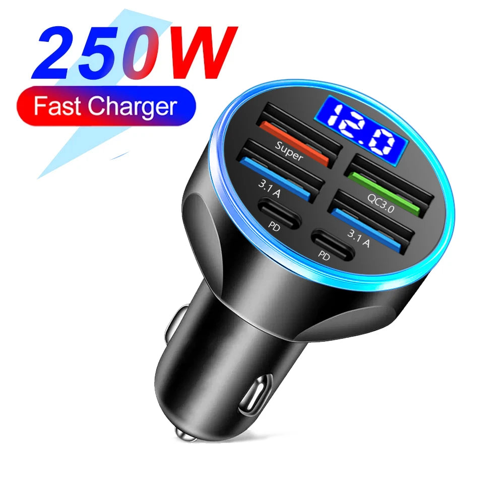 66-250W PD Car Charger QC3.0 Fast Charge One to Six Car Cigarette Lighter Plug Car Charger Flash Charge with Digital Display Sertex