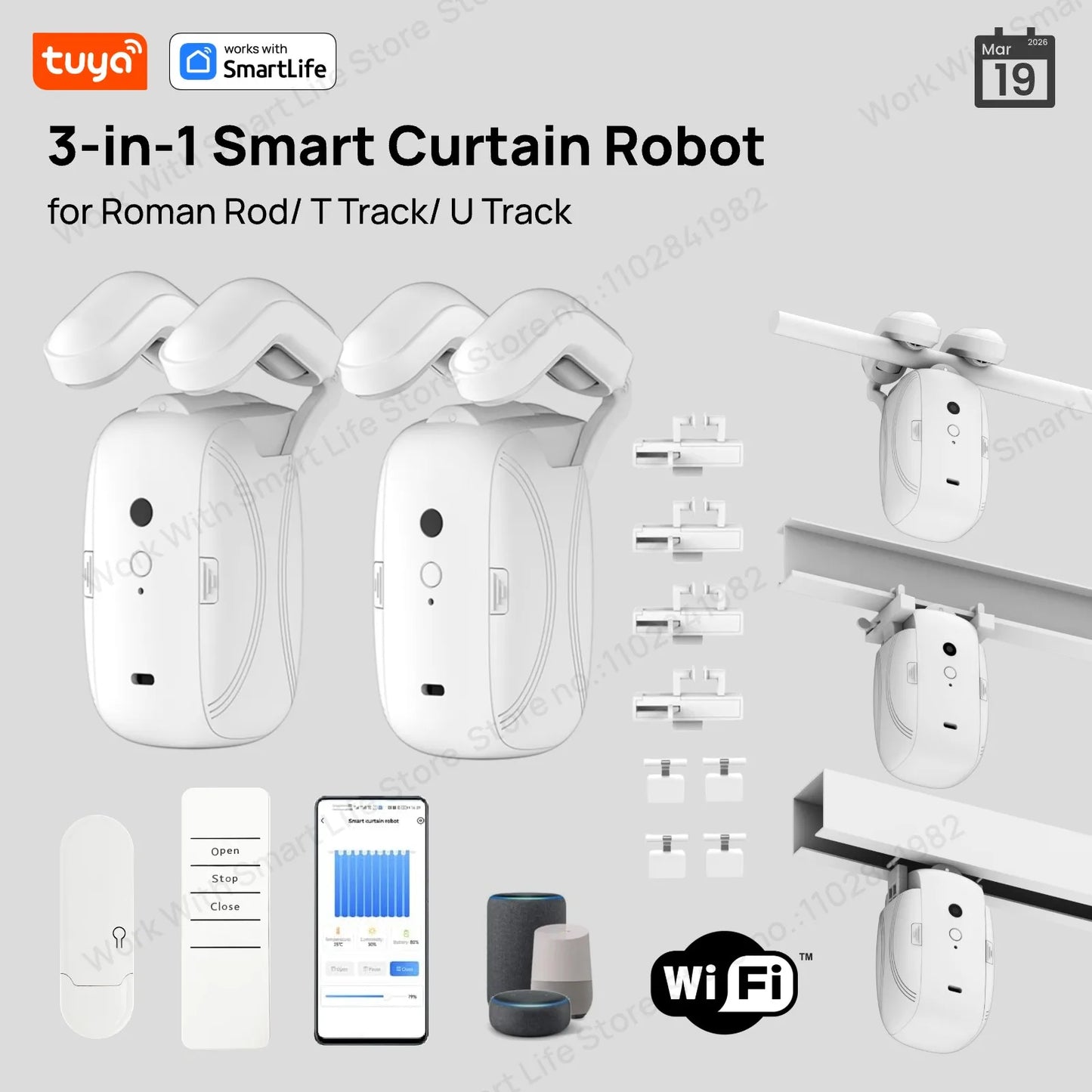 Tuya Smart Curtain Robot Motor 3-in-1 Tuya APP/Remote control Timed switch, Pull-to-start For Roman T U Tracks by Sertex