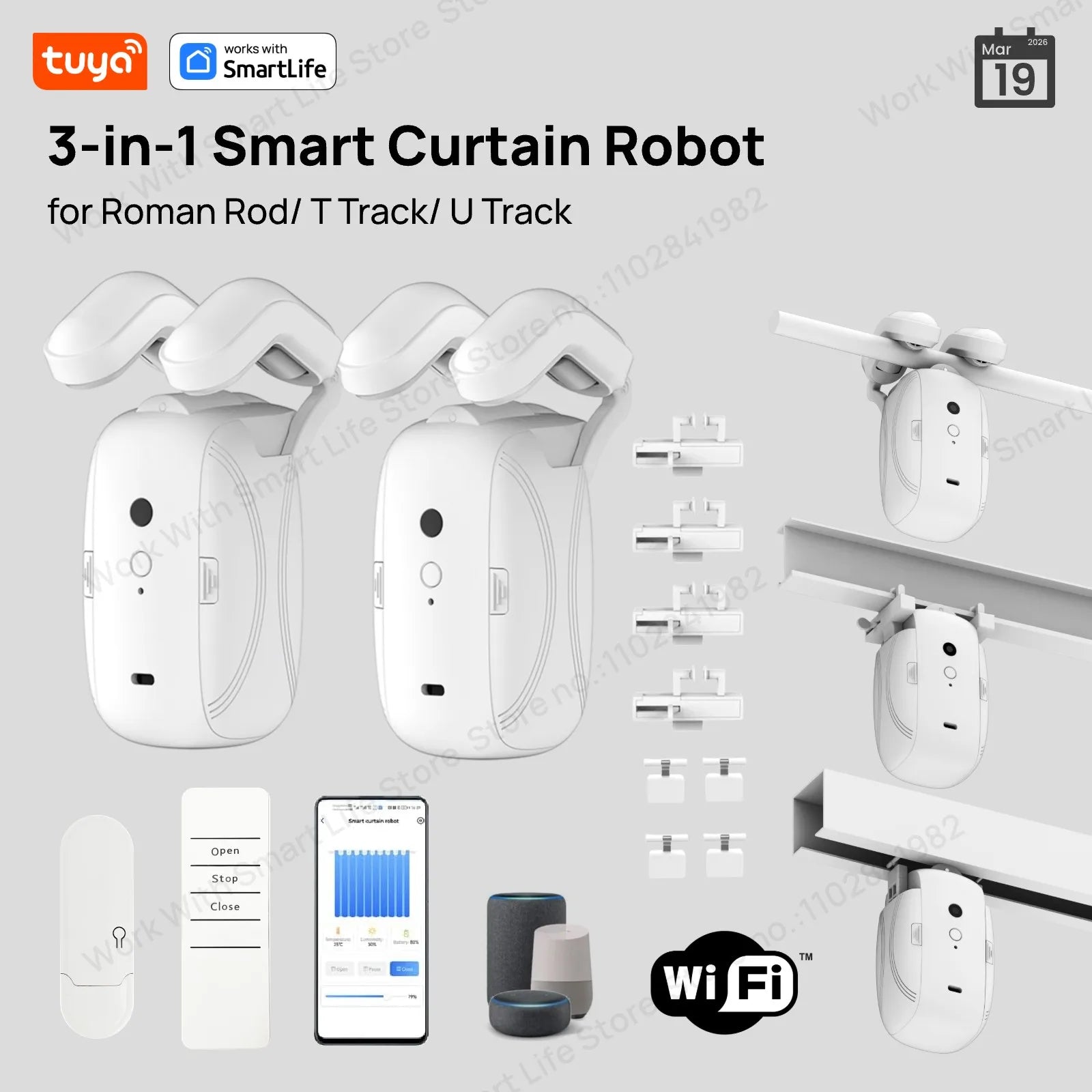 Tuya Smart Curtain Robot Motor 3-in-1 Tuya APP/Remote control Timed switch, Pull-to-start For Roman T U Tracks by Sertex